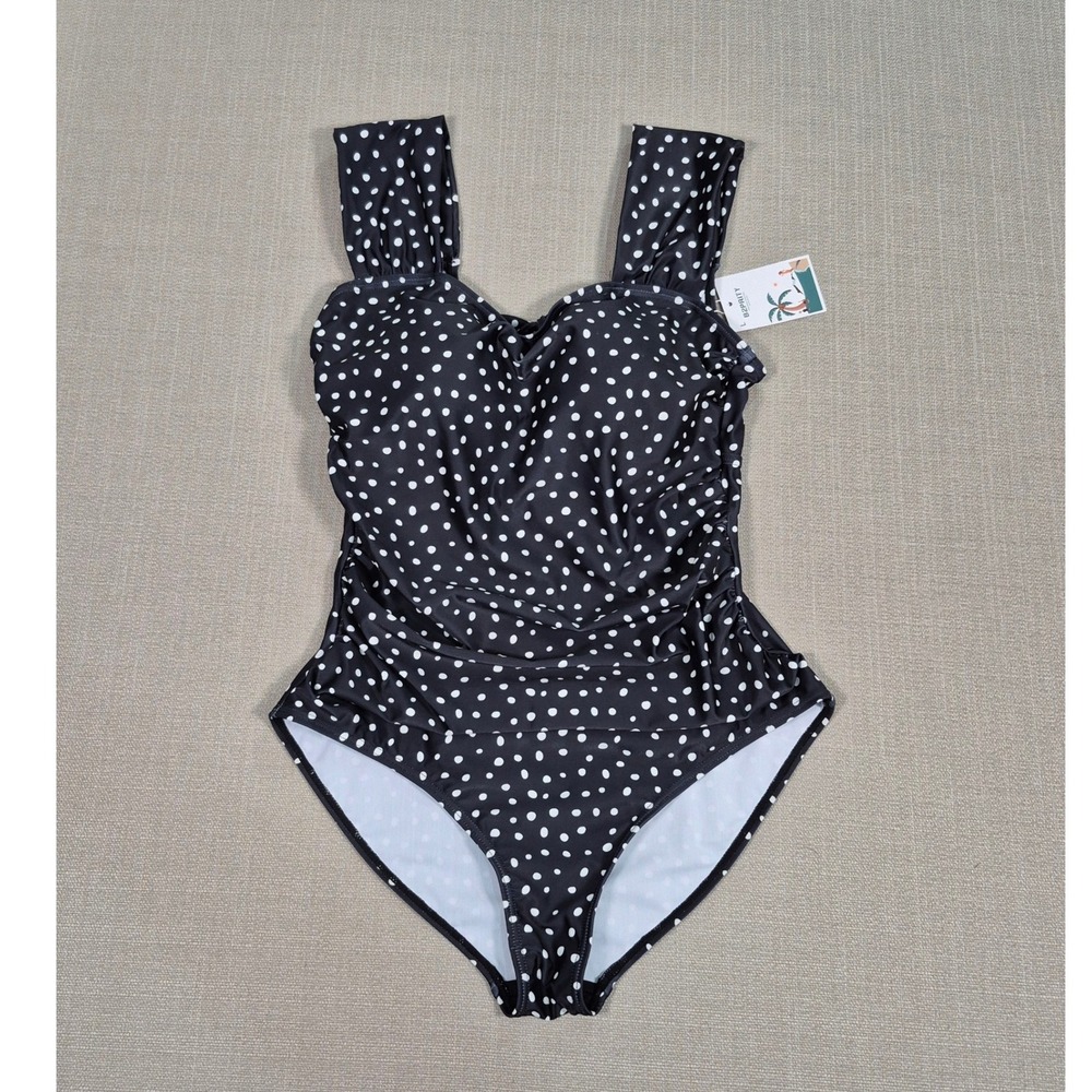 B2PRITY Womens Polka Dot One Piece Swimsuit Black‎ White Ruched Tummy Control L